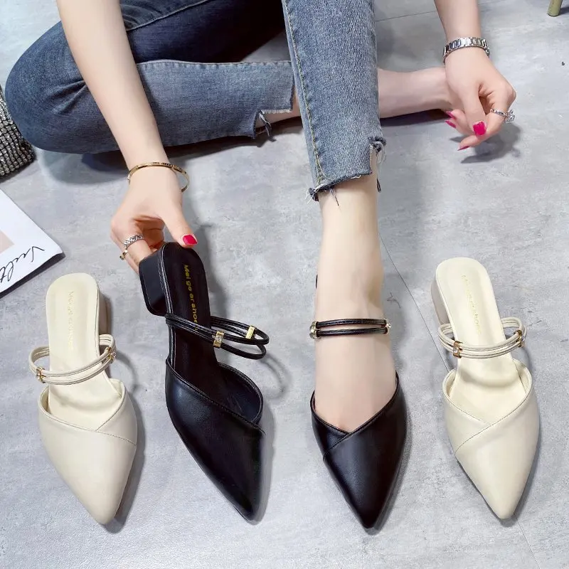 

Шлепанцы женские на среднем каблуке, сланцы, Роскошные туфли без задника, заостренный носок, мягкая искусственная кожа, римские сандалии, по...