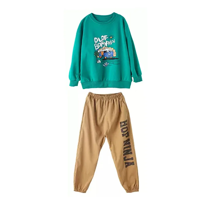 Kid Hip Hop Clothing Print Sweatshirt Top Khaki Casual Street Jogger Pants for Girl Boy Jazz Dance Costume Clothes Outfits Set