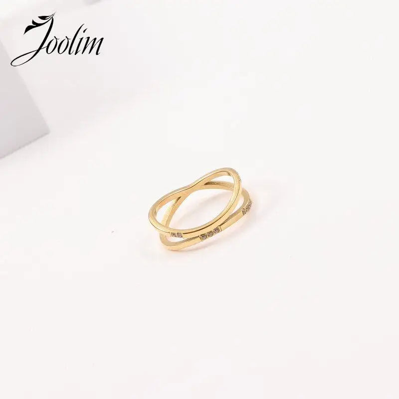 

Joolim Tarnish Free Jewelry High End Pvd Waterproof Desingner Double Layer Waved Zirconia Stainless Steel Finger Ring for Women