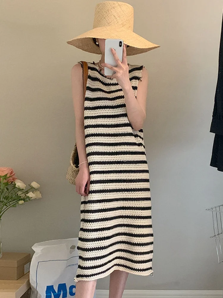 

Женское длинное платье в полоску, свободное платье без рукавов с круглым вырезом, лето 2022
