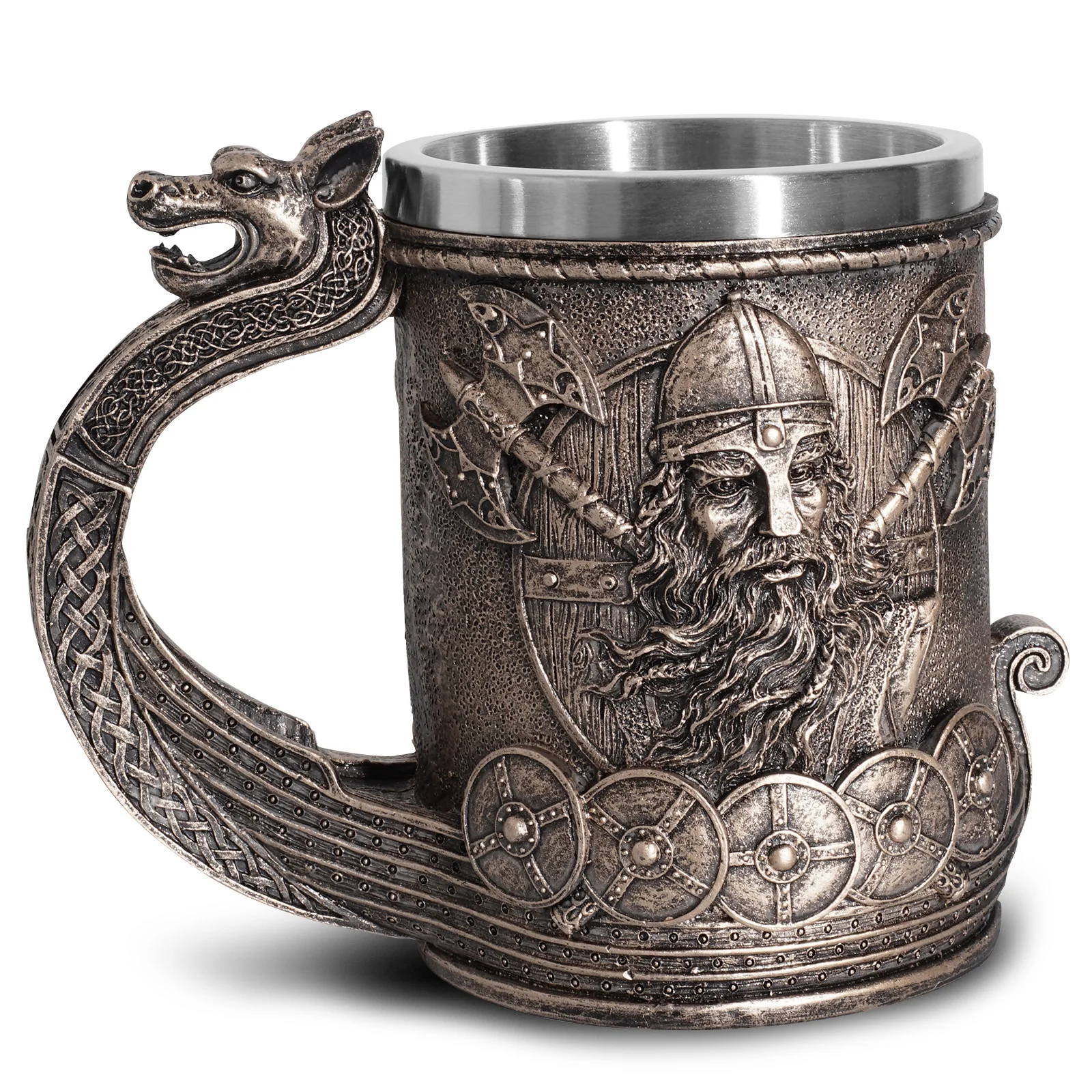 

Norse Viking Ship Draon Drakkar Beer Mug Stainless Steel Liner Bronze Color Viking Warrior Coffee Cup Stein for Collectible Gift