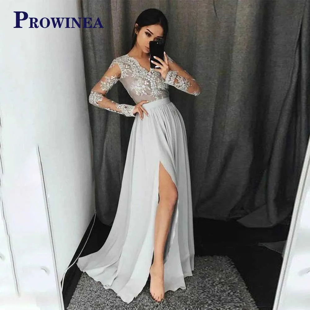 

Prowinea Trendy V Neck Evening Dresses For Wowen A-line Lace Appliques Slit Chapel Train Vestidos Robes De Soirée Made To Order