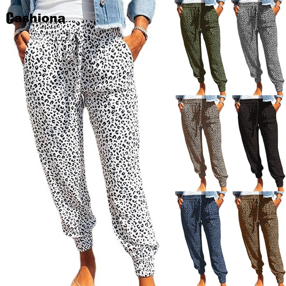 Cashiona Women's Leopard Print Pants 2022 Summer Pencil Pants Casual Drawstring Pantalon Oversize Female Stand Pocket Trouser