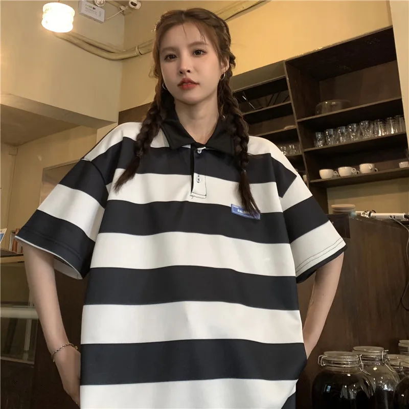 Striped Polo Shirt Blue Short-Sleeved t-Shirt Women Summer Vintage Top Harajuku Aesthetic Student Clothes Oversized Striped Topo images - 6