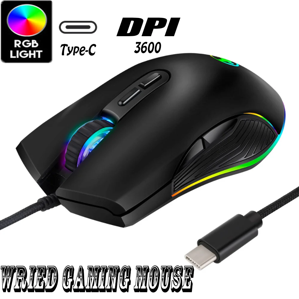 

Ergonomic Wired Gaming Mouse Type-C Computer Optical Backlit RGB Mice 3200DPI LED Light Gamer Mause For PC Laptop Desktop