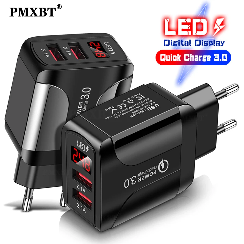 

Fast Charging USB Charger 18W EU US UK Plug Charging Adapter For iphone 11 XS XR 8 Samsung Xiaomi Dual USB Port With LED Display