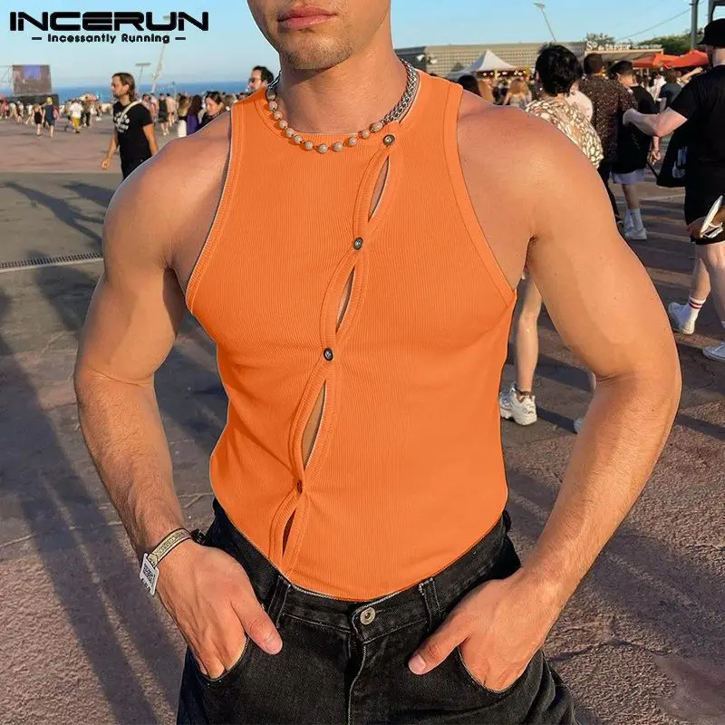 

INCERUN Fashion Men Tank Tops Solid O-neck Sleeveless Hollow Out Button Fitness Male Vests 2023 Streetwear Sexy Men Clothing 5XL