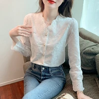 spring new solid white lace women shirt v neck fashion pearl button blouse fairy ladies blouse tops blusas mujer de moda 2022