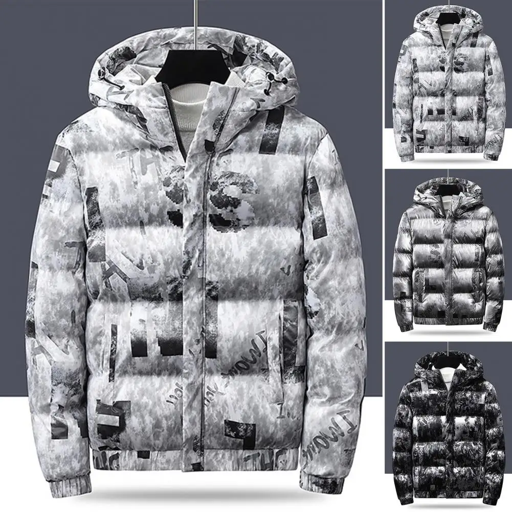 Men Jacket Bright Surface Hooded Windproof Winter Cotton Padded Windbreaker Streetwear