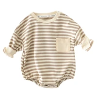 2022 spring new korean version of male and female baby infant fashion solid color striped long sleeved romper bag fart clothes