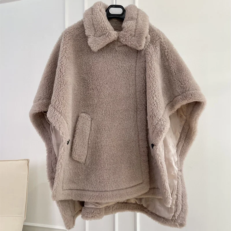 Real Fur Short Cloak Coat Lady 100% Wool Content Woven Fabric Thick Warm Teddy Overcoat Loose Cozy Outerwear Streetwear Oversize