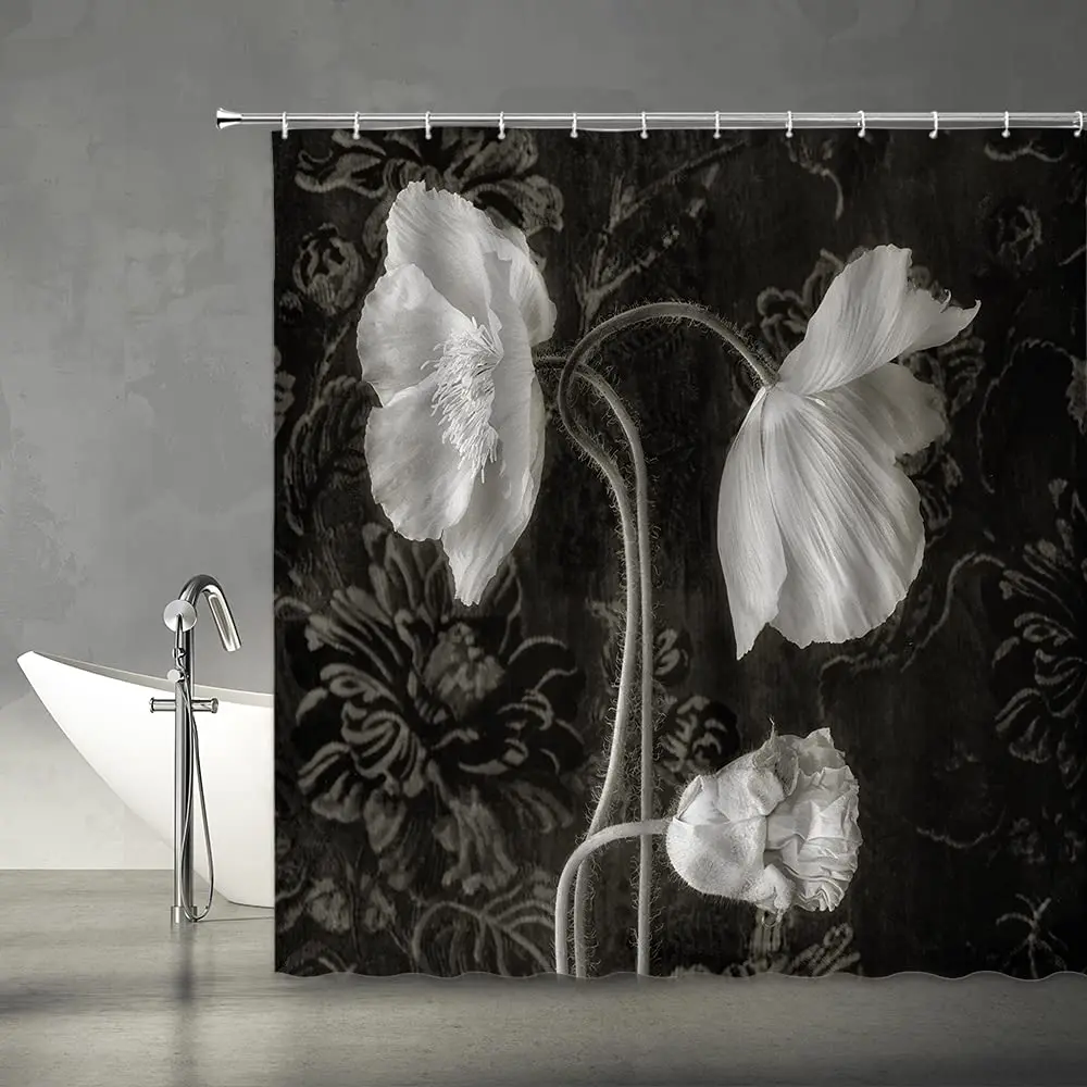 Черно-белый цветочный фон для душа элегантный романтический черный с цветочным