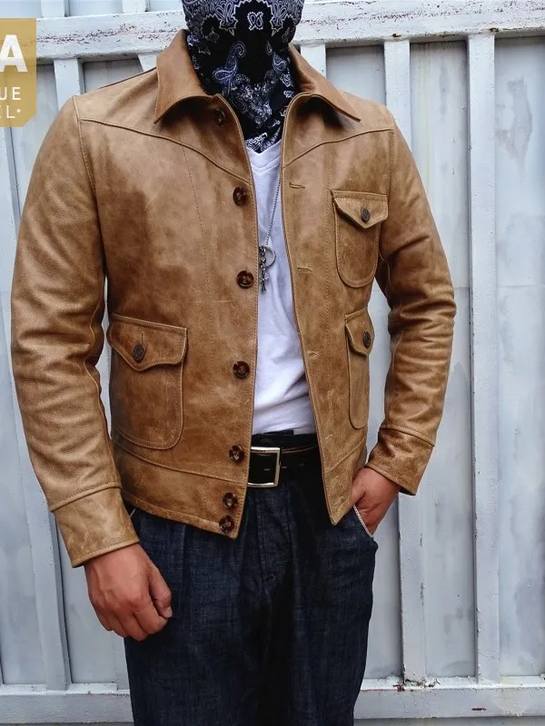 

Jacket Vintage Cowboy Cow Leather Slim Fit Lapel Single Breasted Outerwear Genuine Leather Biker Short Coat Mens Cargo Jackets