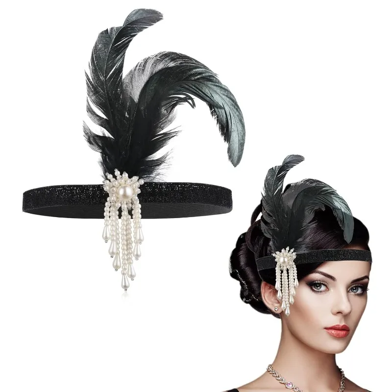 2 упаковки повязка на голову 1920-х годов головные уборы с перьями черные