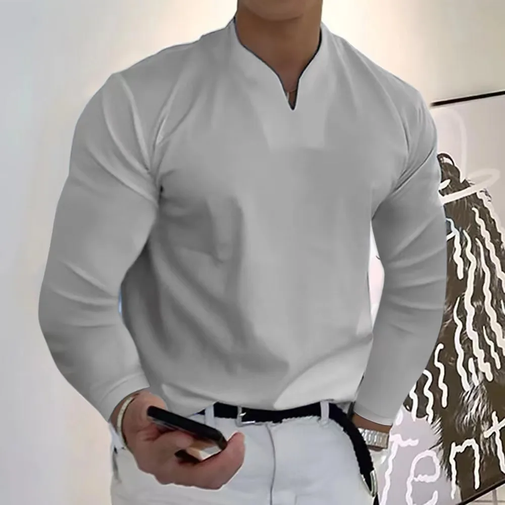 

A1298 Fashion Men Long Sleeve T-shirts V-Neck Solid Casual Spring Autumn Tees Men Shirt Loose Oversized Tops Streetwear