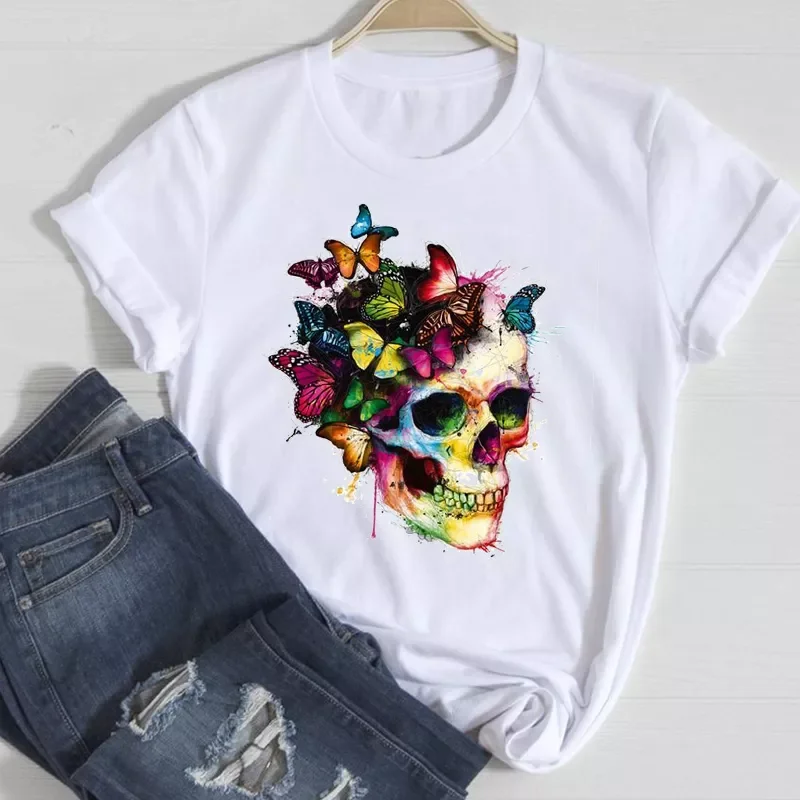 

T-shirts Women Skull Butterfly Horror Fashion Spring Summer 90s Clothes Stylish Tshirt Top Lady Print Girl Tee T-Shirt