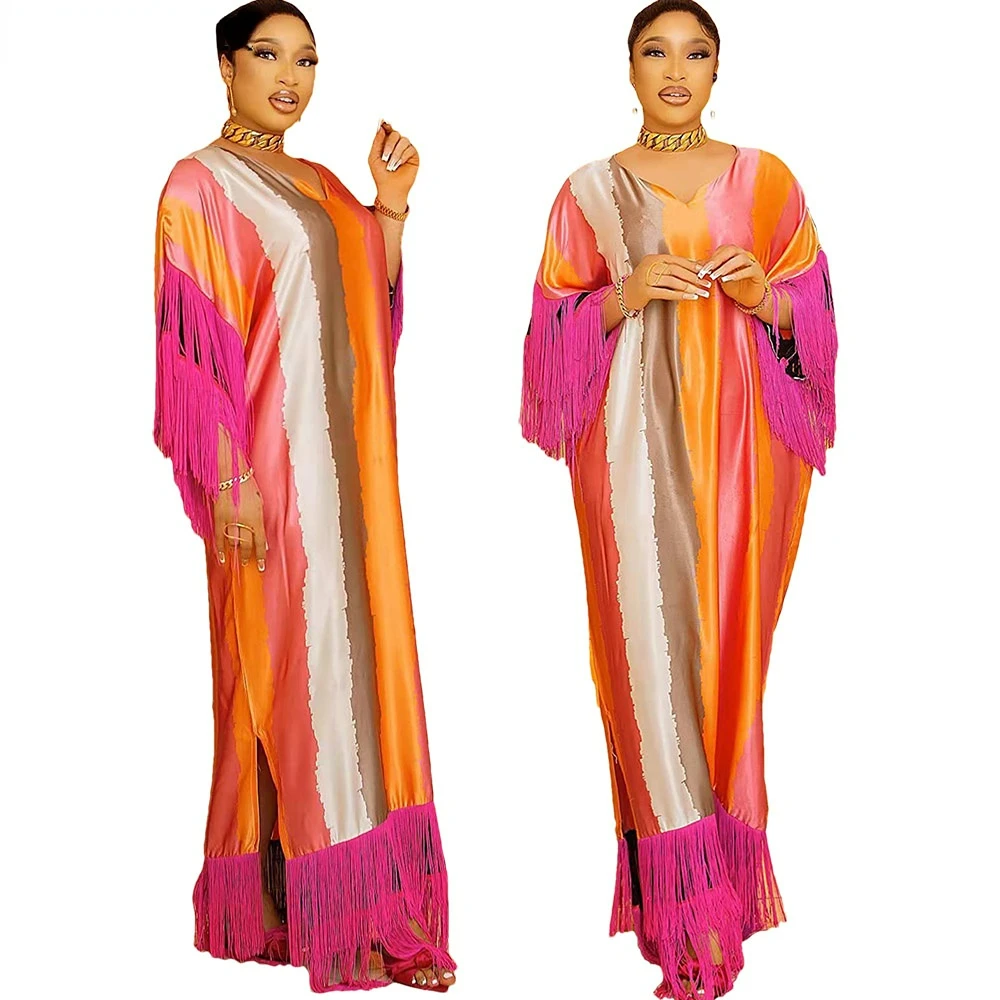 

African Maxi Dresses for Women Fashion Tassel Print Long Dashiki Dress Ladies 2022 New Summer Beach Bohemian Kaftans Plus Size