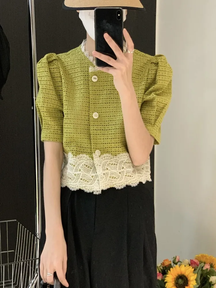

Women's Summer Stitching Lace Shirt Korean Chic Hollow Out Short Coat Casual Blouses Vintage Short Sleeve Single Breasted Blusas