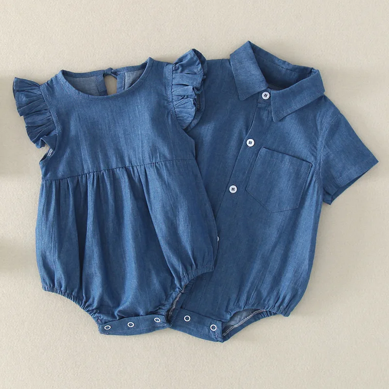

Summer Newborn Infant Baby Girls Clothes Cute Toddler Jumpsuits Boys Short Fly Sleeve Denim Cotton Bodysuits Outfits For Twins
