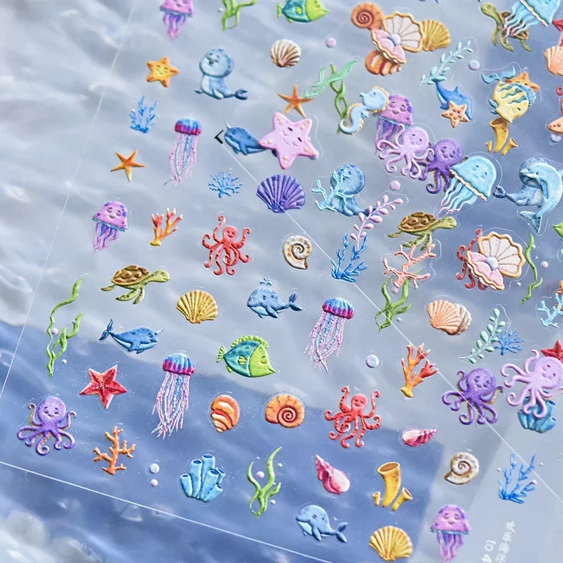 Summer Sea Ocean Coral Dolphin Jellyfish Cuttlefish Shell Beach Conch Starfish Relief Decoration Nail Art Sticker Manicure Decal
