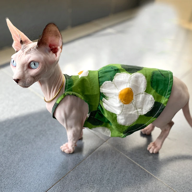 

Летняя одежда для кошек Sphynx, мягкий хлопковый жилет для кошек, дышащий жилет с рисунком, ткань для Корниша Рекс, Devon Rex, polybald