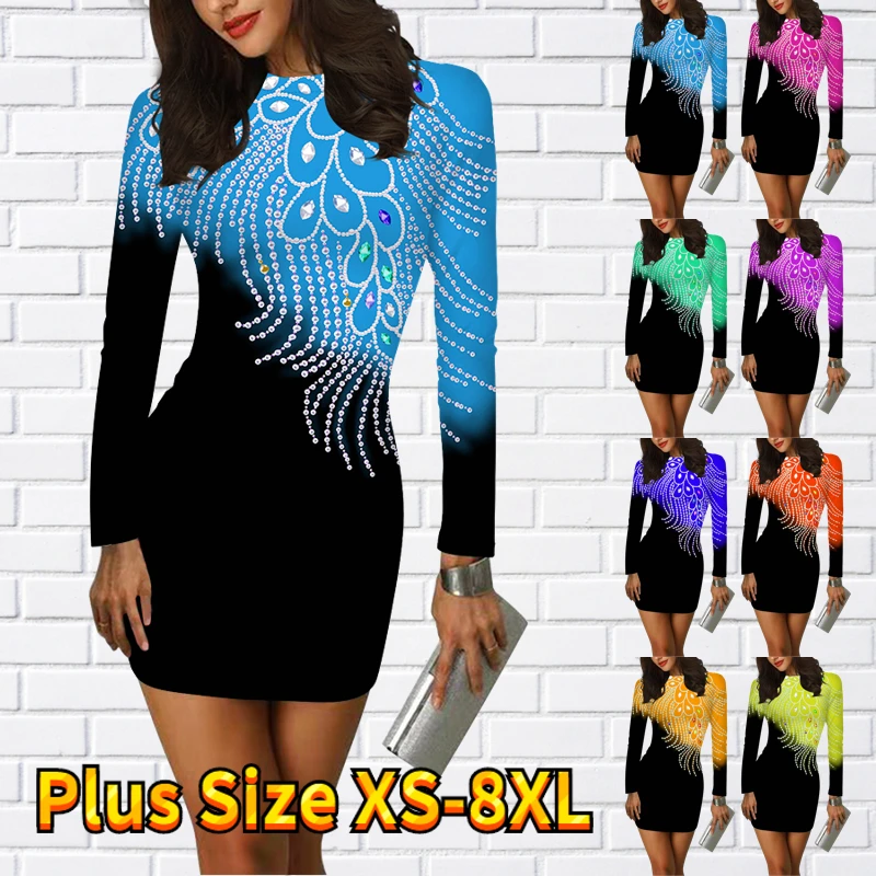 

2022 Autumn Winter Women's Round Neck Tight Splice Print Dress Fashion Casual Long Sleeve Skirt Elegant Short Skirt Slim Skirt