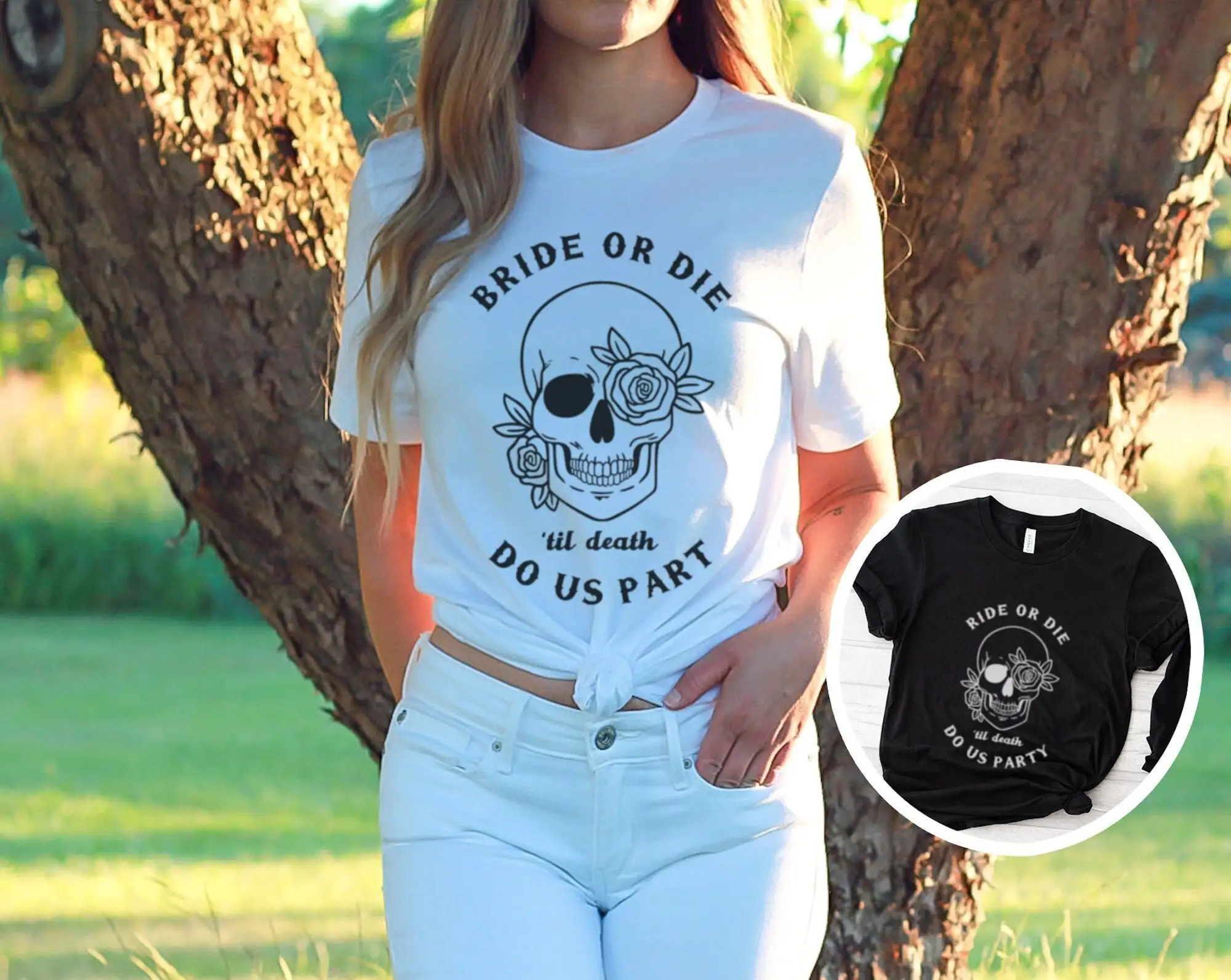 Футболка для девичника Bride Or Die Ride с цветочным черепом черно-белая вечеринка