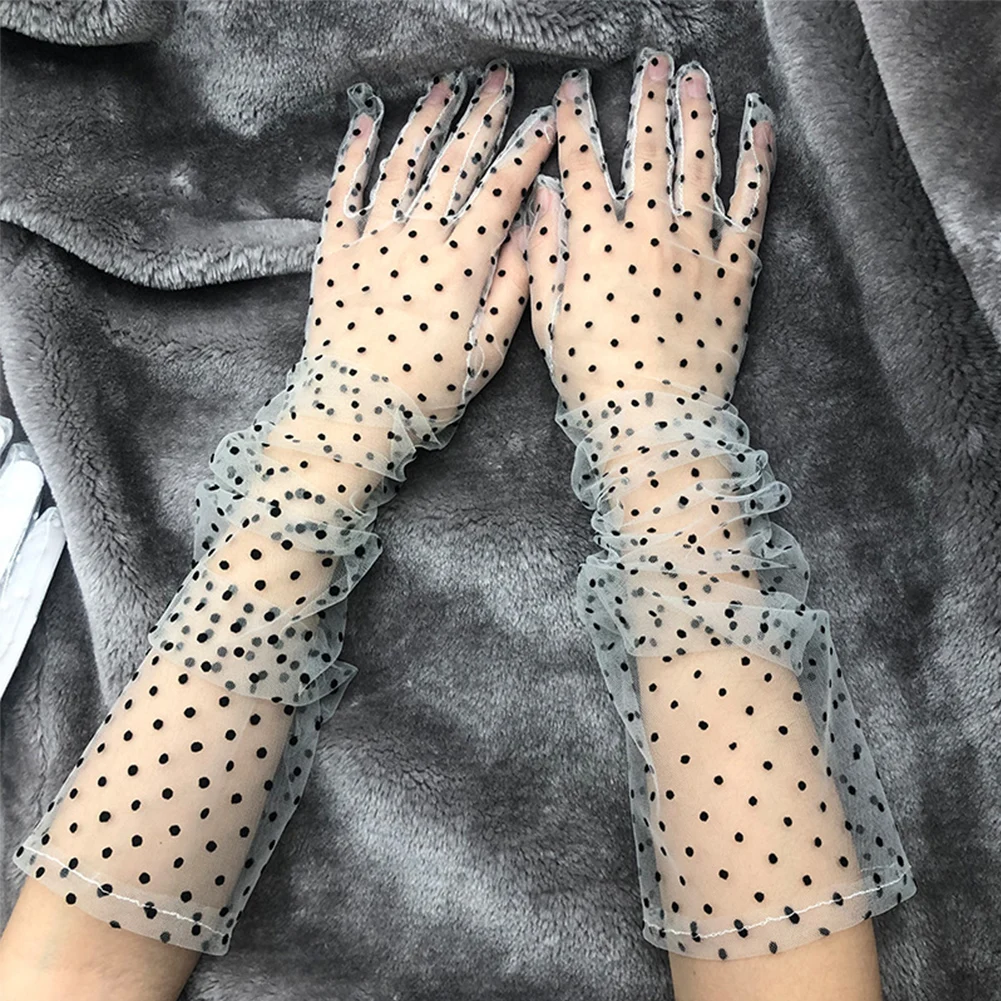 

1pair Women Lace Spots Party Decoration Stretchy Fashion Mesh Cosplay Weeding Mittens Full Finger Short Tulle Gloves Engagement