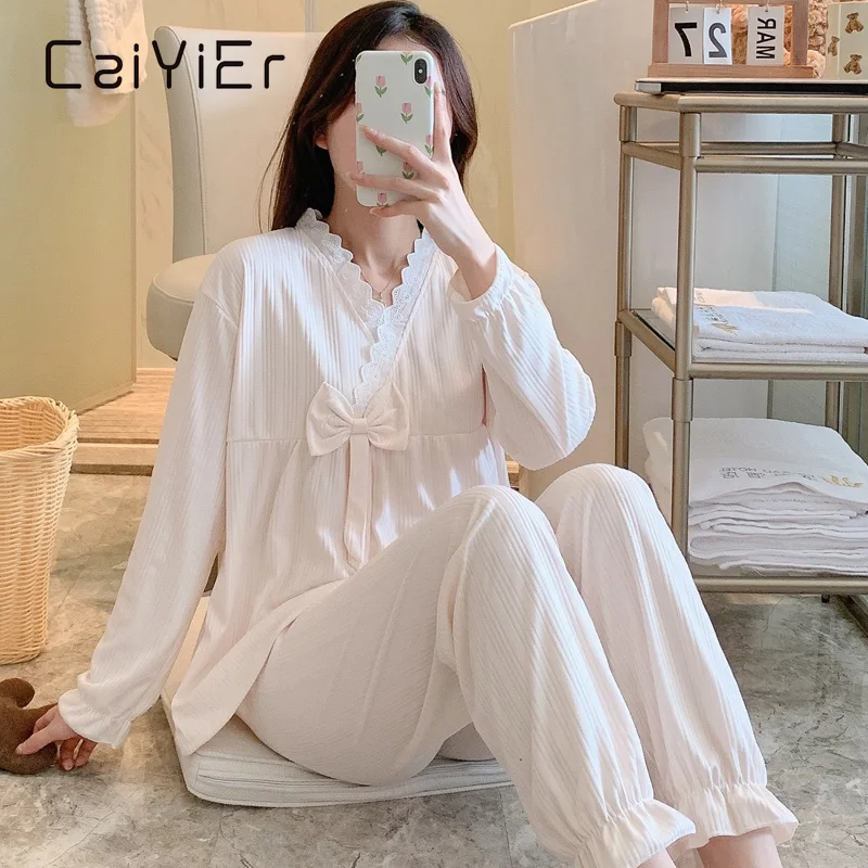 

CAIYIER Lovely Pajamas Set Ulzzang Chic Female Nightwear Long Sleeve Sleepwear Soft Solid Color Autumn College Pyjamas Mujer