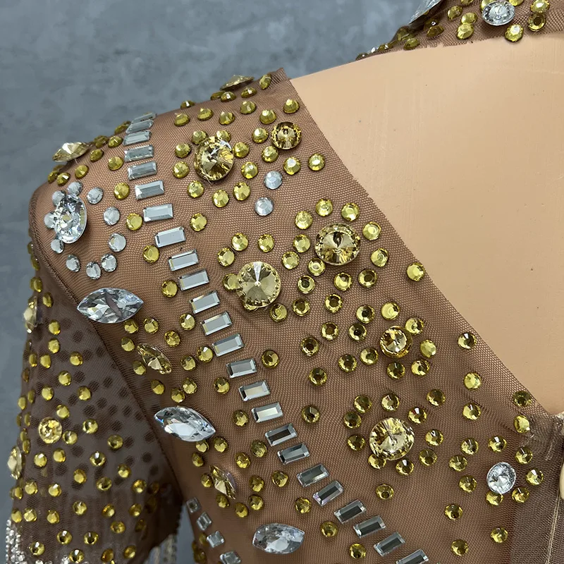 Luxurious Shining Big Crystals Mesh Sexy Bodysuit Sparkly Birthday Arty Nightclub Outfit Singer Stage Performance Dance Costume