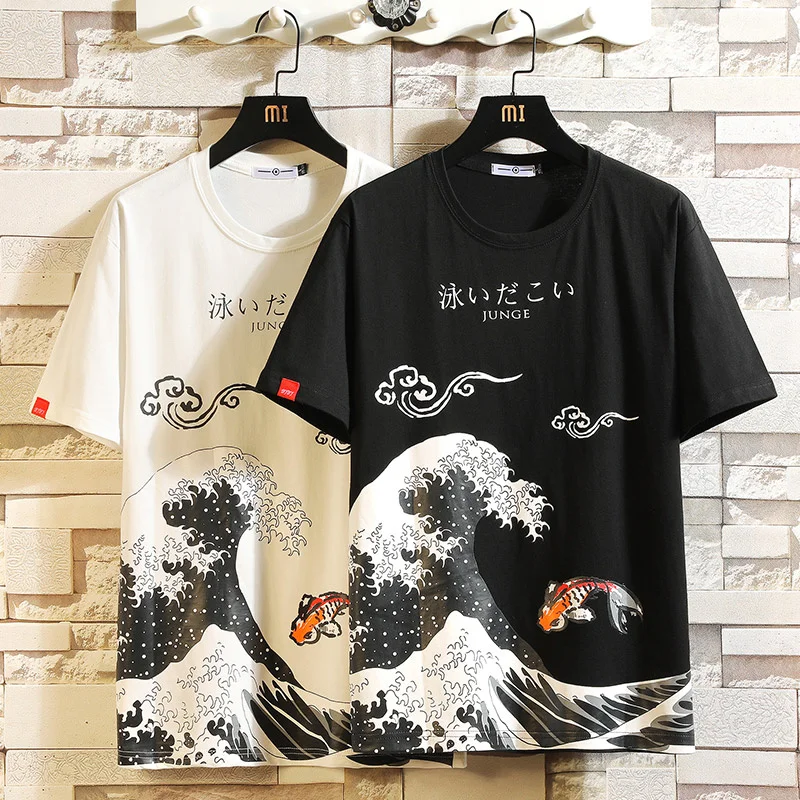 

XIENNASA Anime Men's T-Shirt Chinese Brocade carp Printed Short Sleeve Oversized Hip Hop Dance Party Cotton Male Cool Top Tees