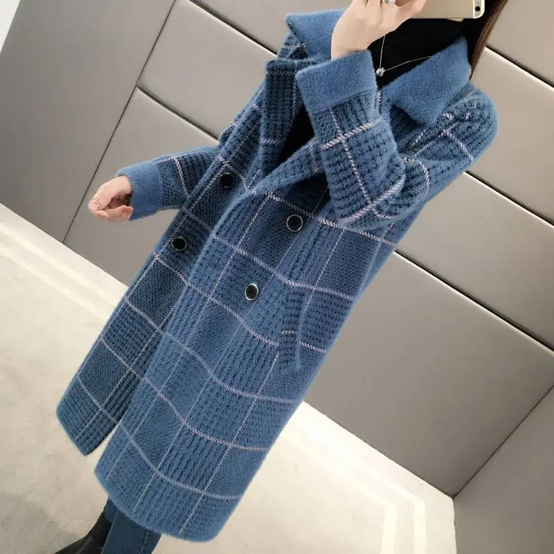Imitation Mink Cashmere Coat Mid Long Faux Mink Velvet Jacket 2023 Winter Fall Loose Slim Thick Plaid Coat Soft Faux Fur Jackets