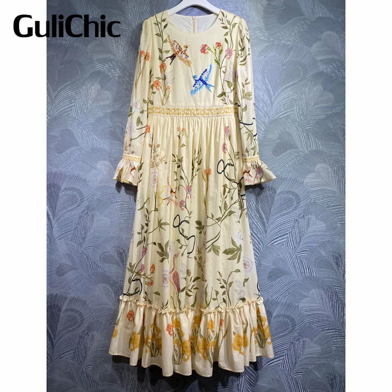 7.8 GuliChic Holiday Fashion Flower Print Beading Decoration O-Neck Flare Long Sleeve Ruffles Spliced Temperamnet Dress Women