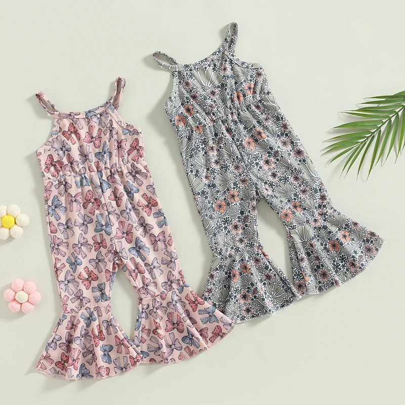 

Toddler Kids Girls Jumpsuits Bowknot/Floral Print Sleeveless Spaghetti Strap Sling Rompers Playsuits Summer Casual Flare Pants