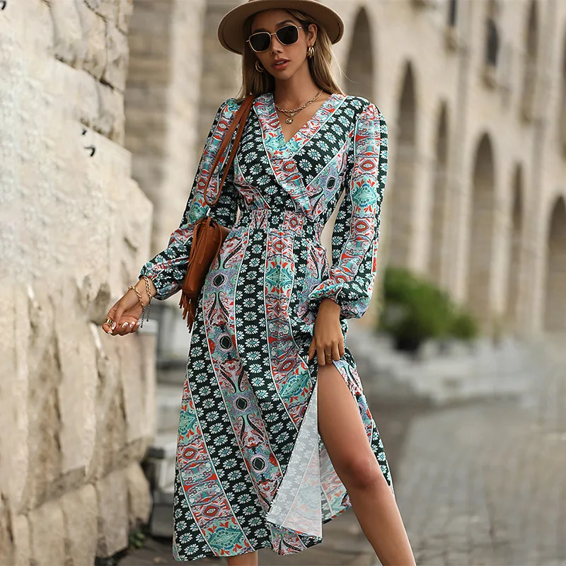

Hot Style Ladies European American Fashion New Printing Bohemian V Neck Long Sleeve Loose Women Long Dresses