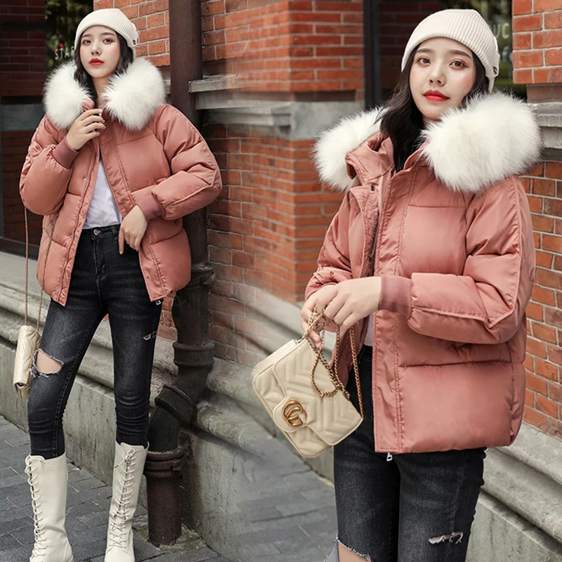 2023 Female Fashion Outwear Women's Large Fur Collar Hooded Thick Cotton Down Thickened Jackets Winter Coats Solid Simple Parkas