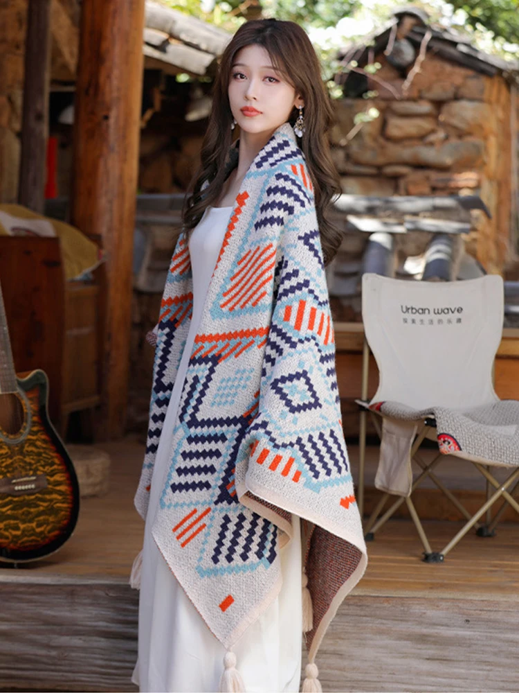 Новинка 2023 вязаный Элегантный женский шарф зимнее винтажное клетчатое пончо