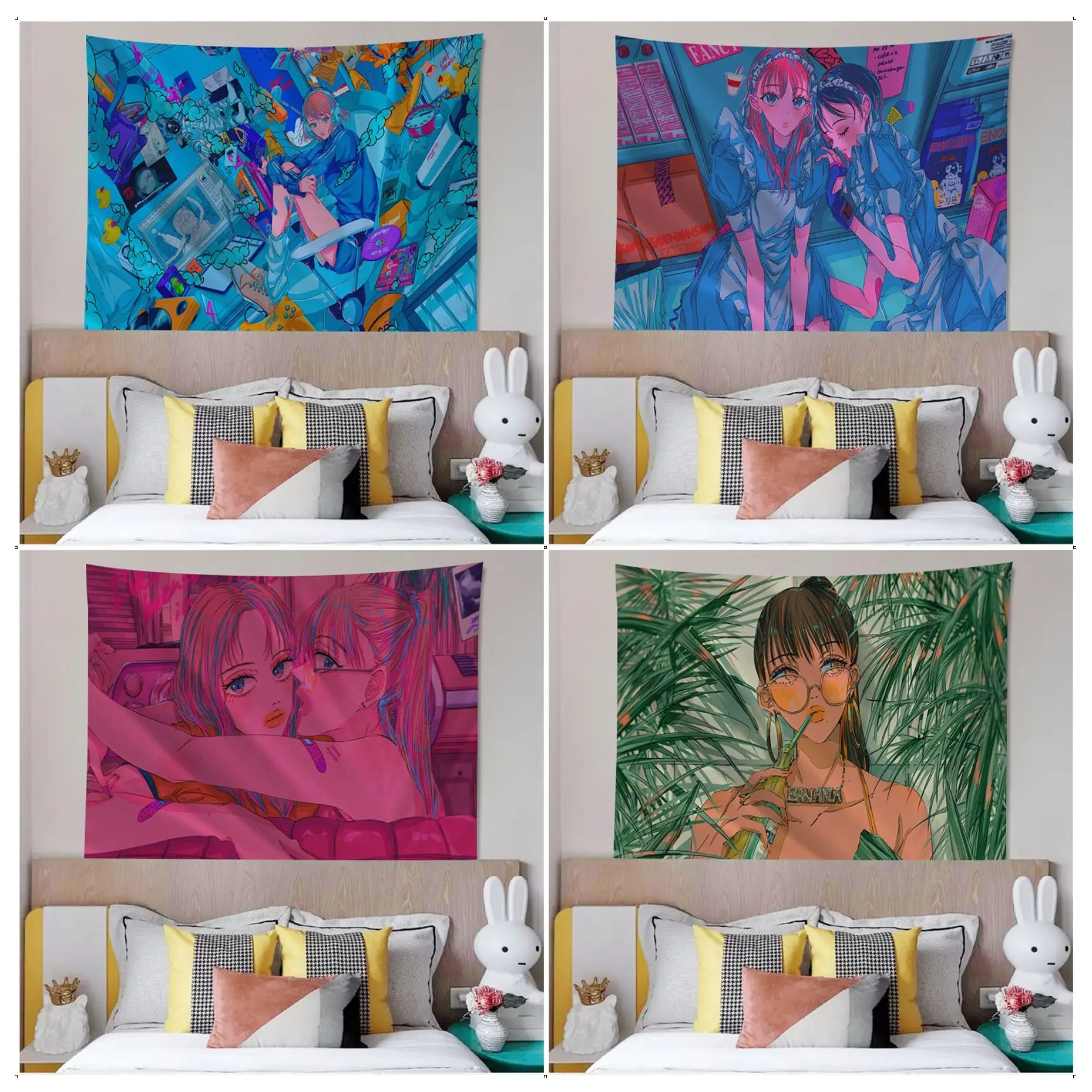 Kawaii Anime Girl Anime Tapestry Hanging Tarot Hippie Wall Rugs Dorm Wall Hanging Sheets