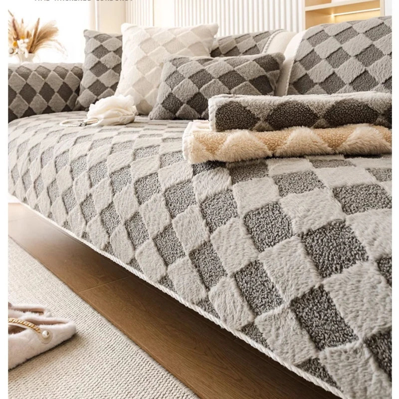 

Утолщенный плюшевый нескользящий чехол для дивана, зимняя серая подушка для дивана с геометрическим рисунком, мягкий Универсальный чехол для дивана, заднее полотенце для гостиной, домашний коврик