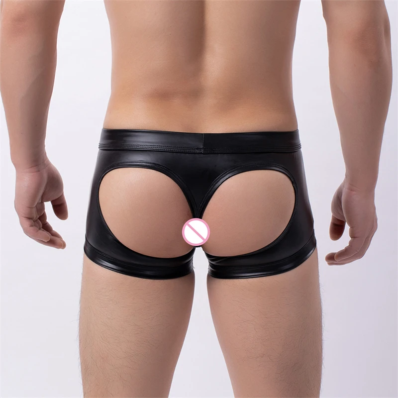 

Pouches Sexy Breathable Buttocks Underwear Mens Solid PU Leather Trunks Briefs Open Back Boxer Shorts Freedom Thong Jockstrap A5