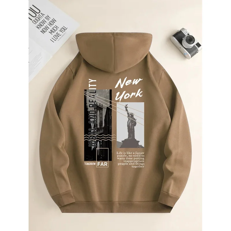 Men's new fashion hoodie Casual Daily Drawstring Hooded Sweatshirt Street View Print front kangaroo pocket men's jacket