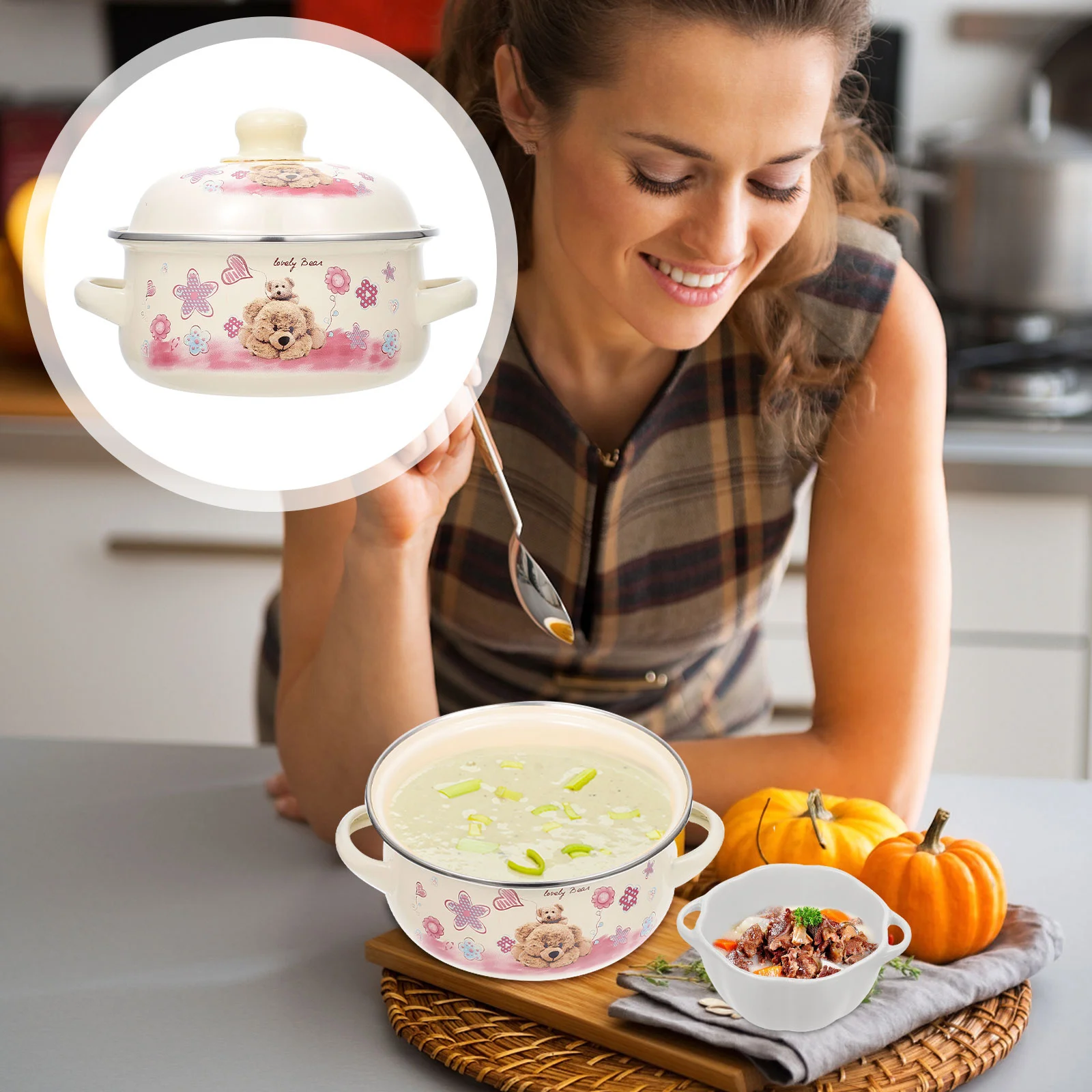 

1pc Double Ear Stockpot Lovely Enamel Cooking Pot Soup Pot Cooking Utensils