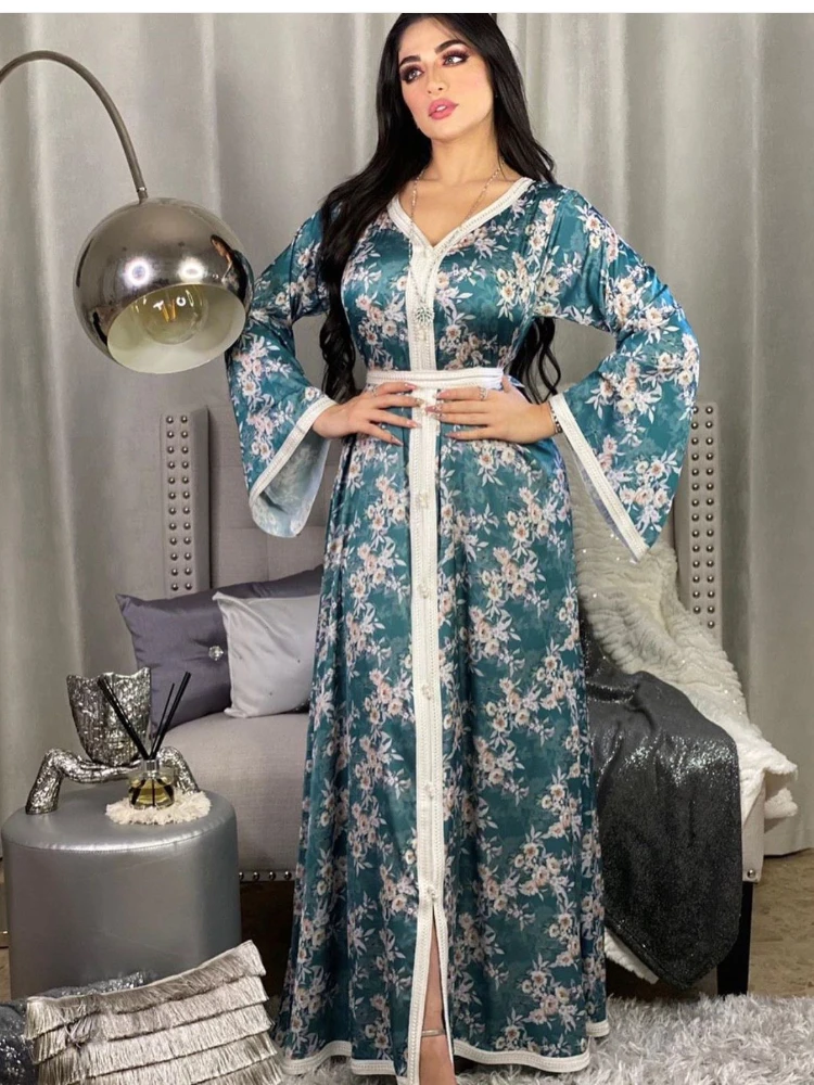 

Satin Dubai Muslim Abaya Dress Women Jalabiya Floral Musulman Islamic Clothing Middle East Moroccan Kaftan Arabic Turkey Robe