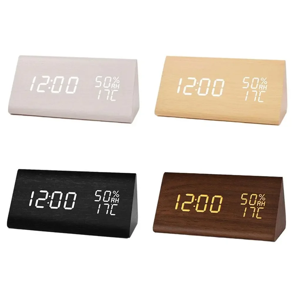 

NEW Thermometer Hygrometer Clocks LED Wooden Alarm Clock Watch Table Voice Control Digital Wood Electronic Desktop Table Decor 2