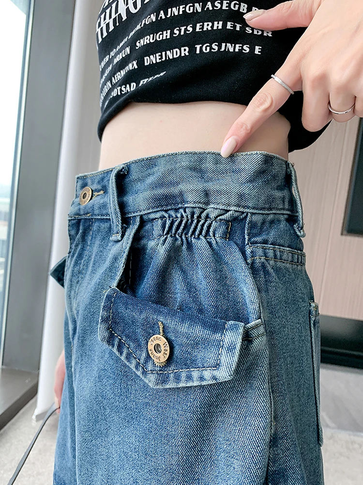 New Summer Women Retro Loose High Waist Blue Denim Shorts Streetwear Female Vintage Wide Leg Jeans Shorts Bottoms