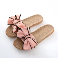 women summer breathable casual slides comfortable flax slippers bow knot linen flip flops platform sandals ladies indoor shoes