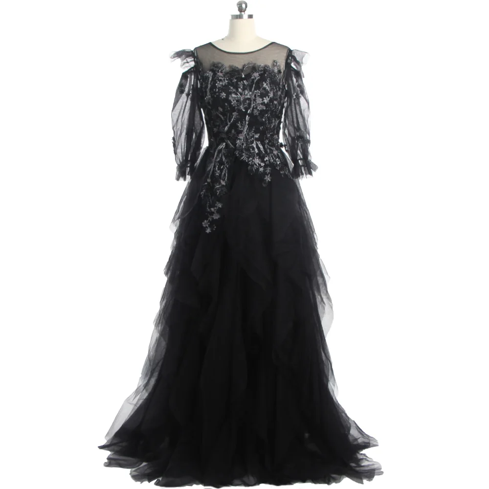 

Evening Dresses Black Tulle O-neck illusion Three Quarters Sleeves Appliques Tiered A-line Floor Length Plus Party Dress DR1088