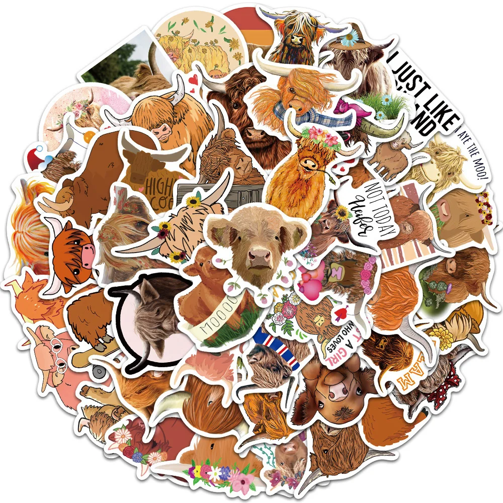 

10/30/50PCS Highland Cow Graffiti Waterproof Sticker Cartoon Creative Trend Decorative Decal Water Cup SkateboardGuitarWholesale