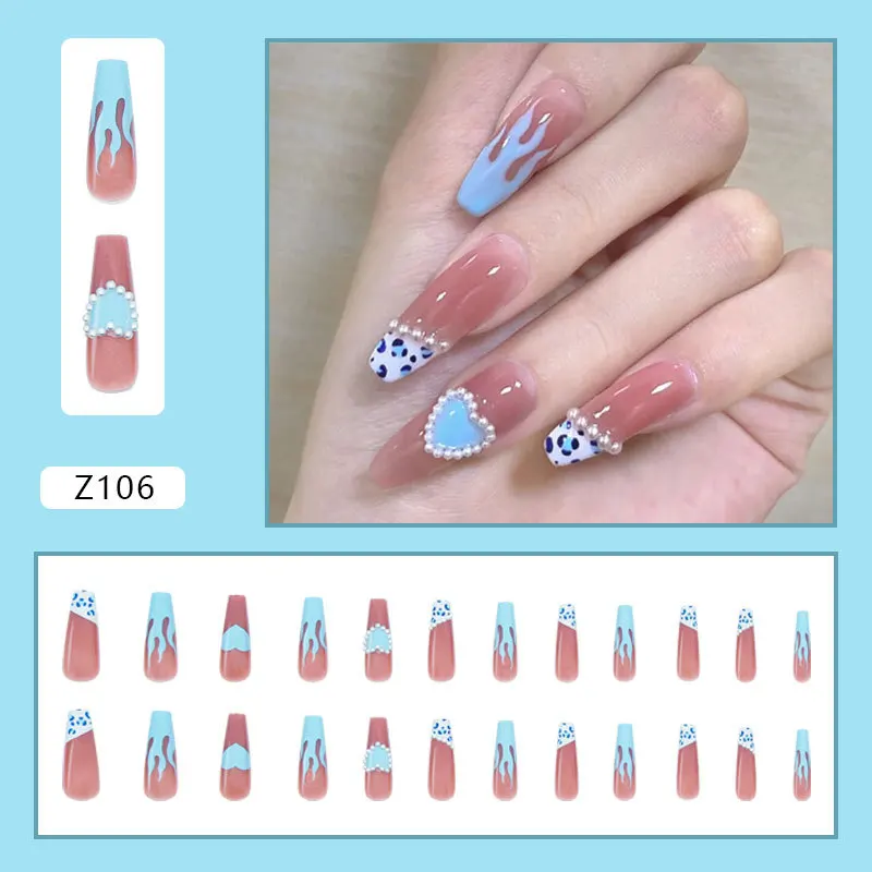 

24pcs uñas postizas Blue Flame Shape Wear Long Paragraph Fashion Manicure Patch False Nails Women False Nails faux ongles