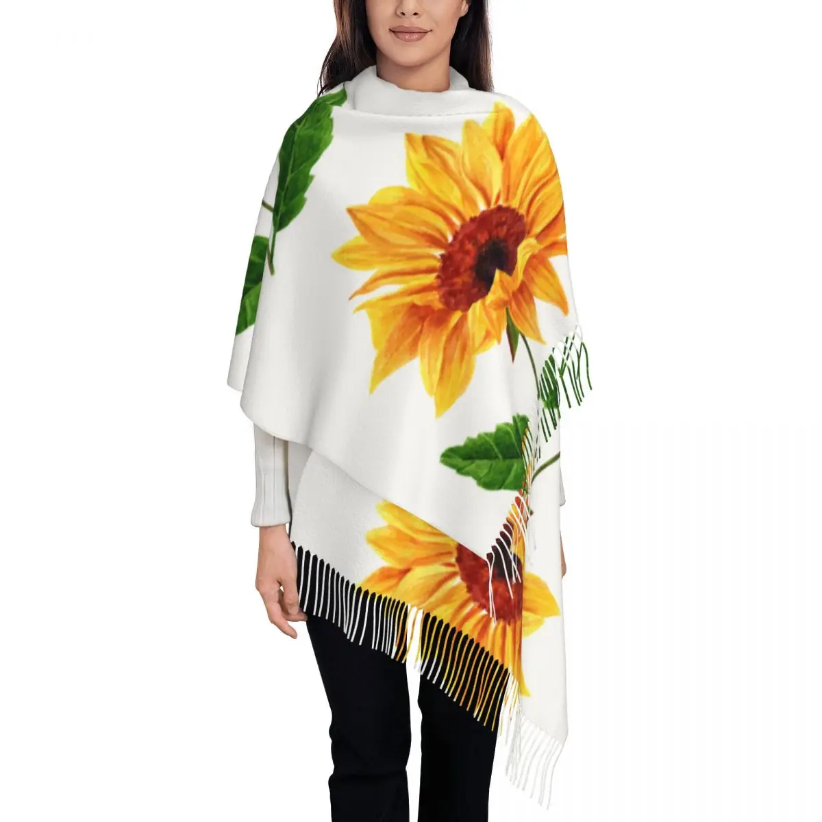 

Personalized Printed Watercolor Yellow Sunflower With Green Leaves Long Pile Fringe Men Scarf Women'S Anti Chill Scarf